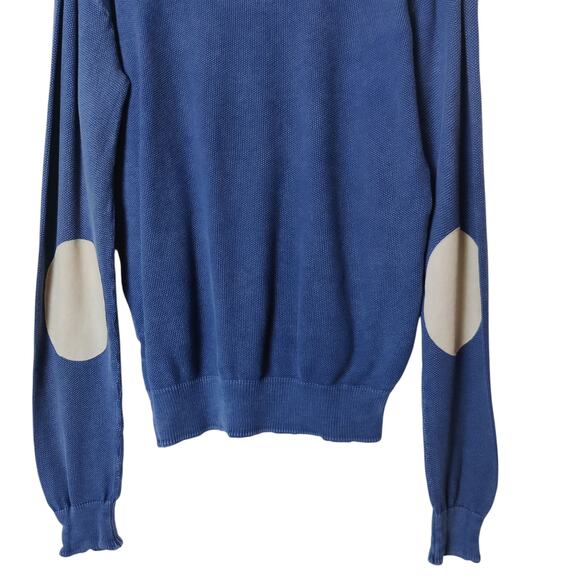 Color Siete Men's Textured Cotton V Neck Sweater Elbow Patches Blue Small - Picture 9 of 13